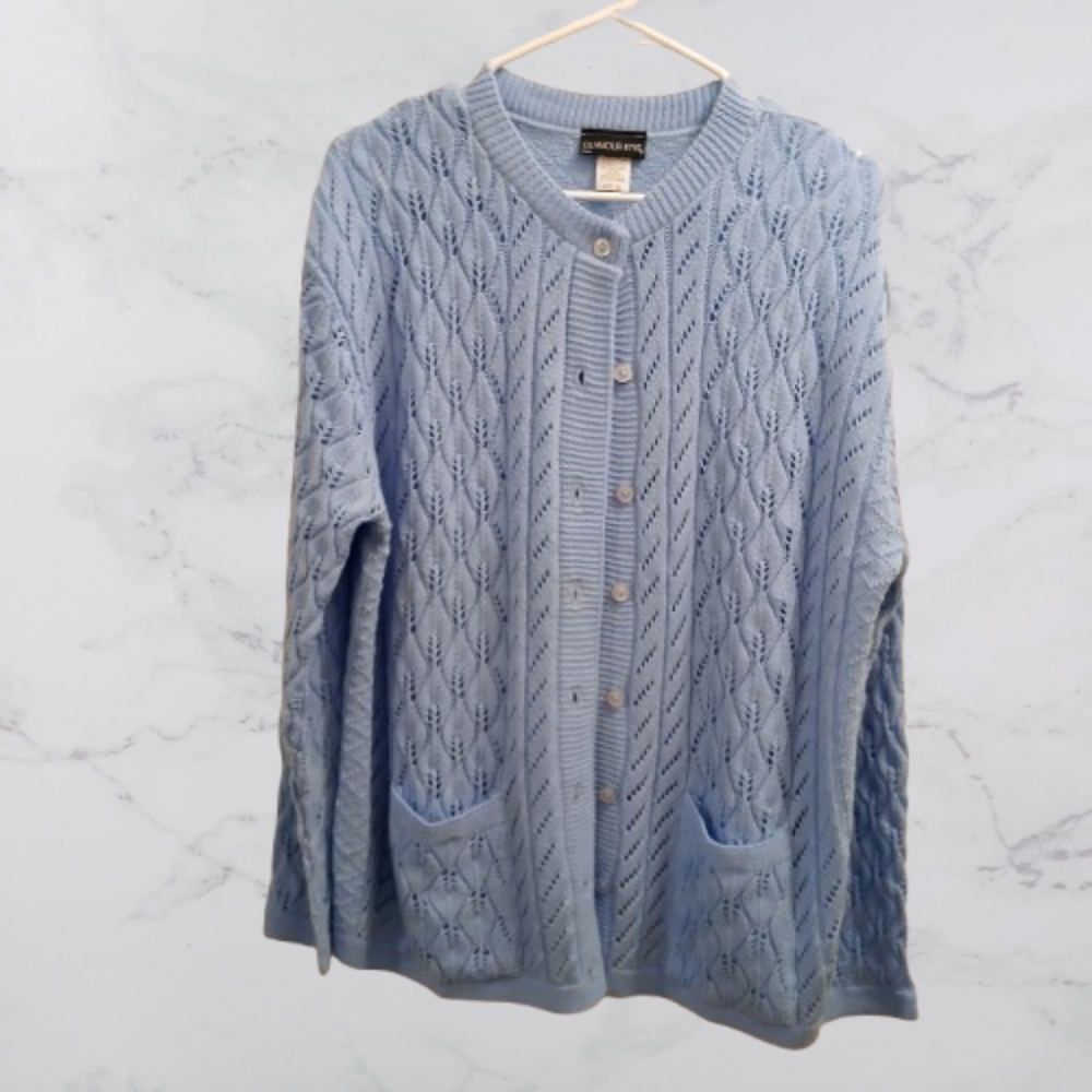 Vintage Glamour Knit Pocketed Cardigan Size XL Baby Blue